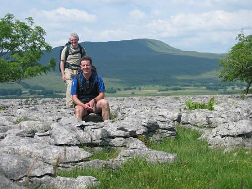 14_08-2.jpg - Limestone pavement with Whernside in the distance and Dave and Phil in the foreground. Its pretty warm and we're about to climb Ingleborough